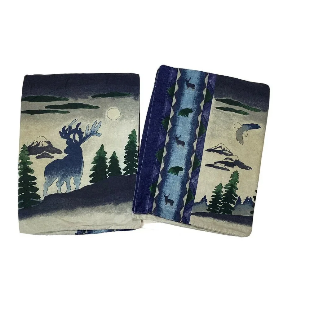 2 Vintage 1970s Lodge Log Cabin Pillowcases Flannel Deer Hunting Shams Retro